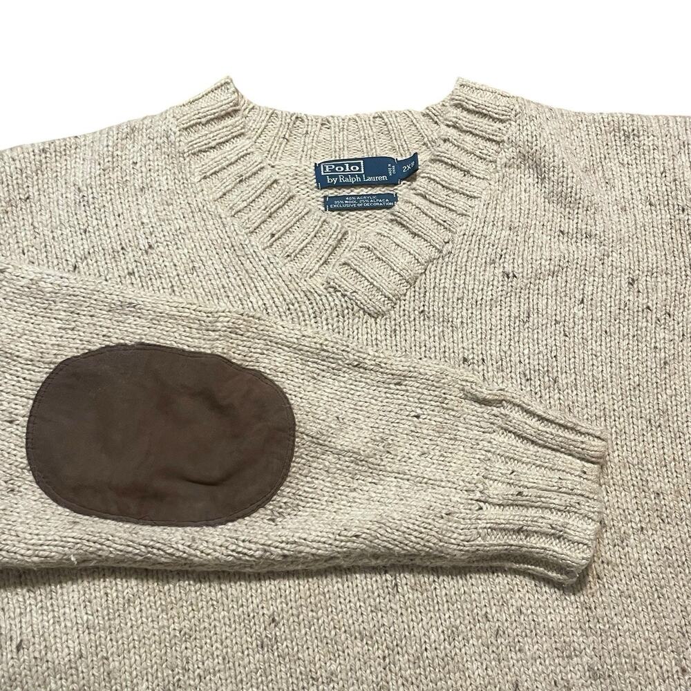 VTG Polo Ralph Lauren Sweater Mens Size 2XB Beige Alpaca Wool Knit Elbow Patches